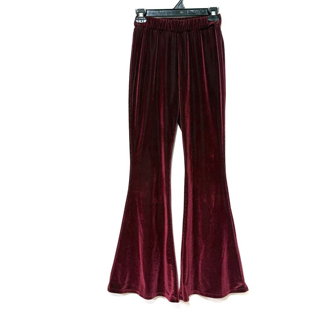Main Strip Women’s S Burgundy Velvet Ribbed Flare Pants Pull On 90s Y2K